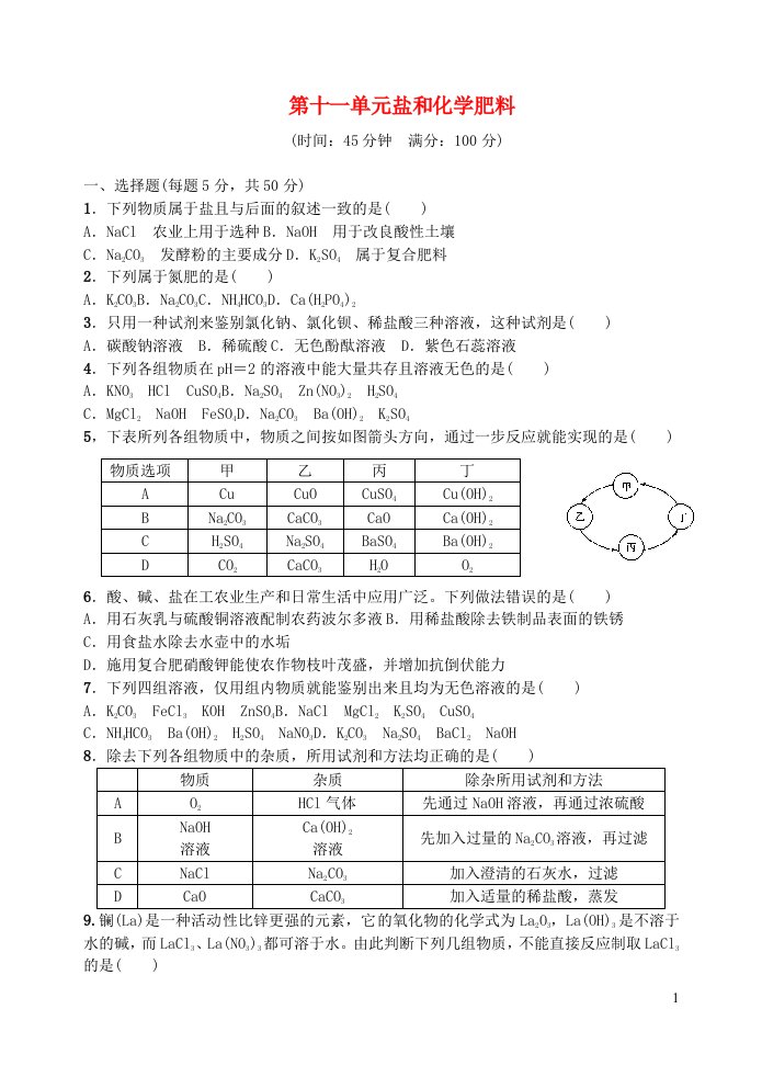 九年级化学下册第十一单元盐化肥单元综合检测新版新人教版