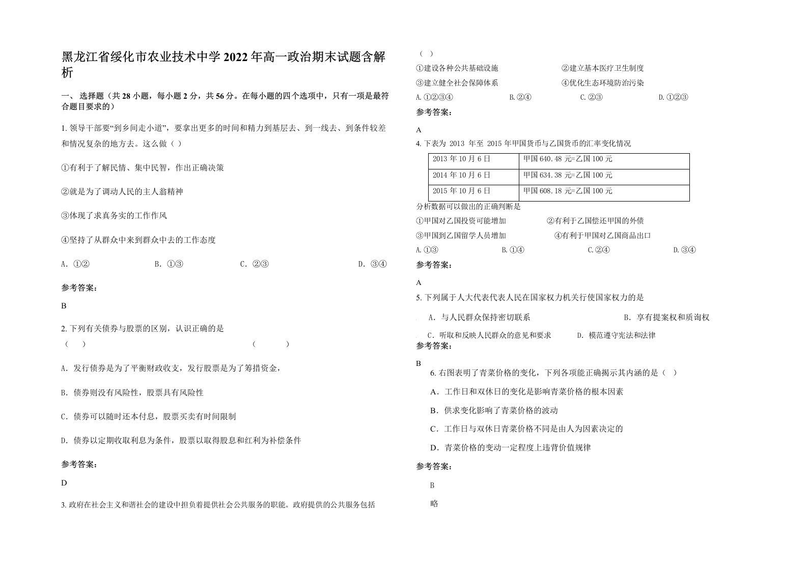 黑龙江省绥化市农业技术中学2022年高一政治期末试题含解析