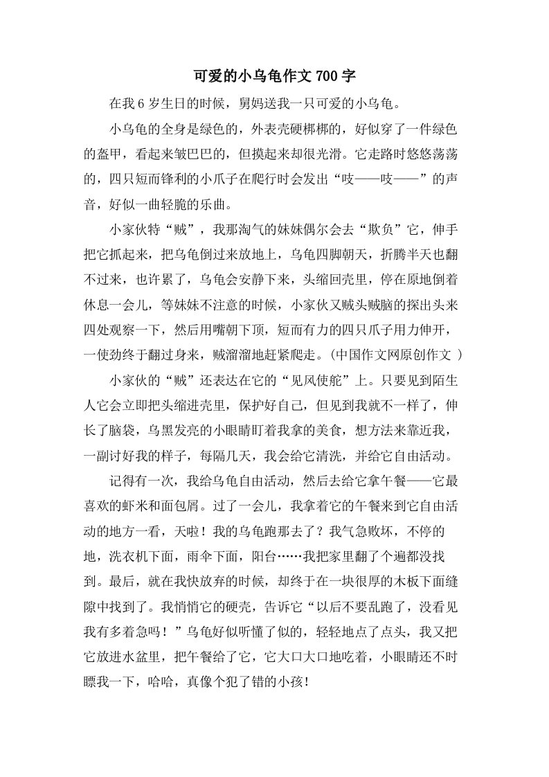 可爱的小乌龟作文700字