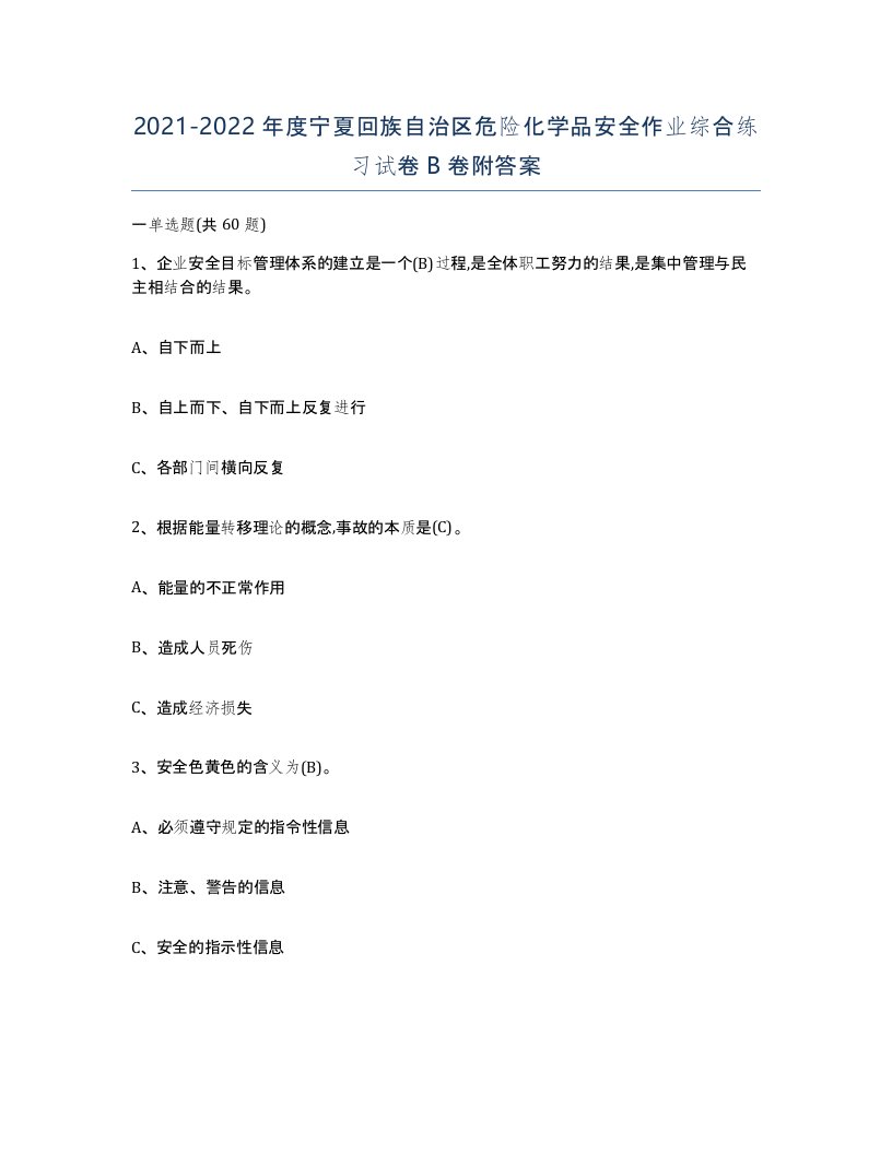 20212022年度宁夏回族自治区危险化学品安全作业综合练习试卷B卷附答案