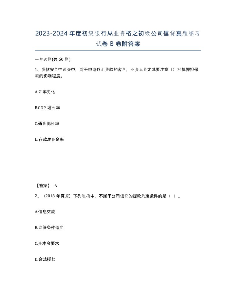 20232024年度初级银行从业资格之初级公司信贷真题练习试卷B卷附答案