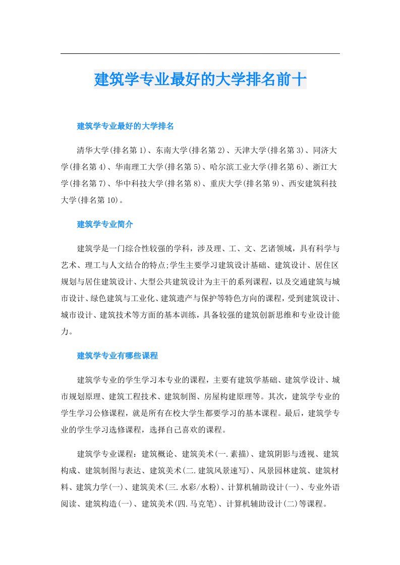 建筑学专业最好的大学排名前十