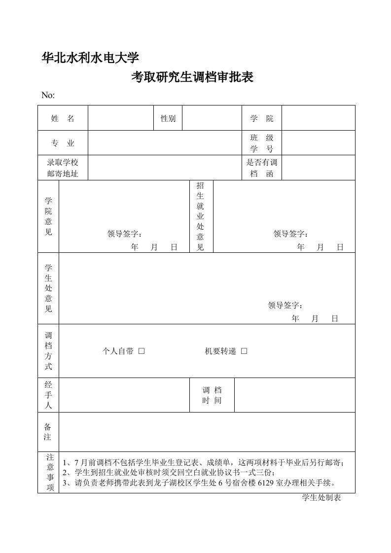 考取研究生调档审批表