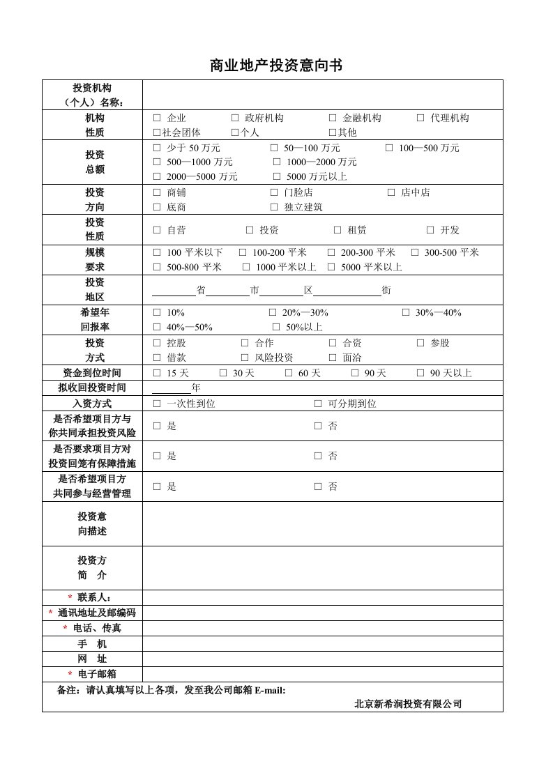 商业地产投资意向书