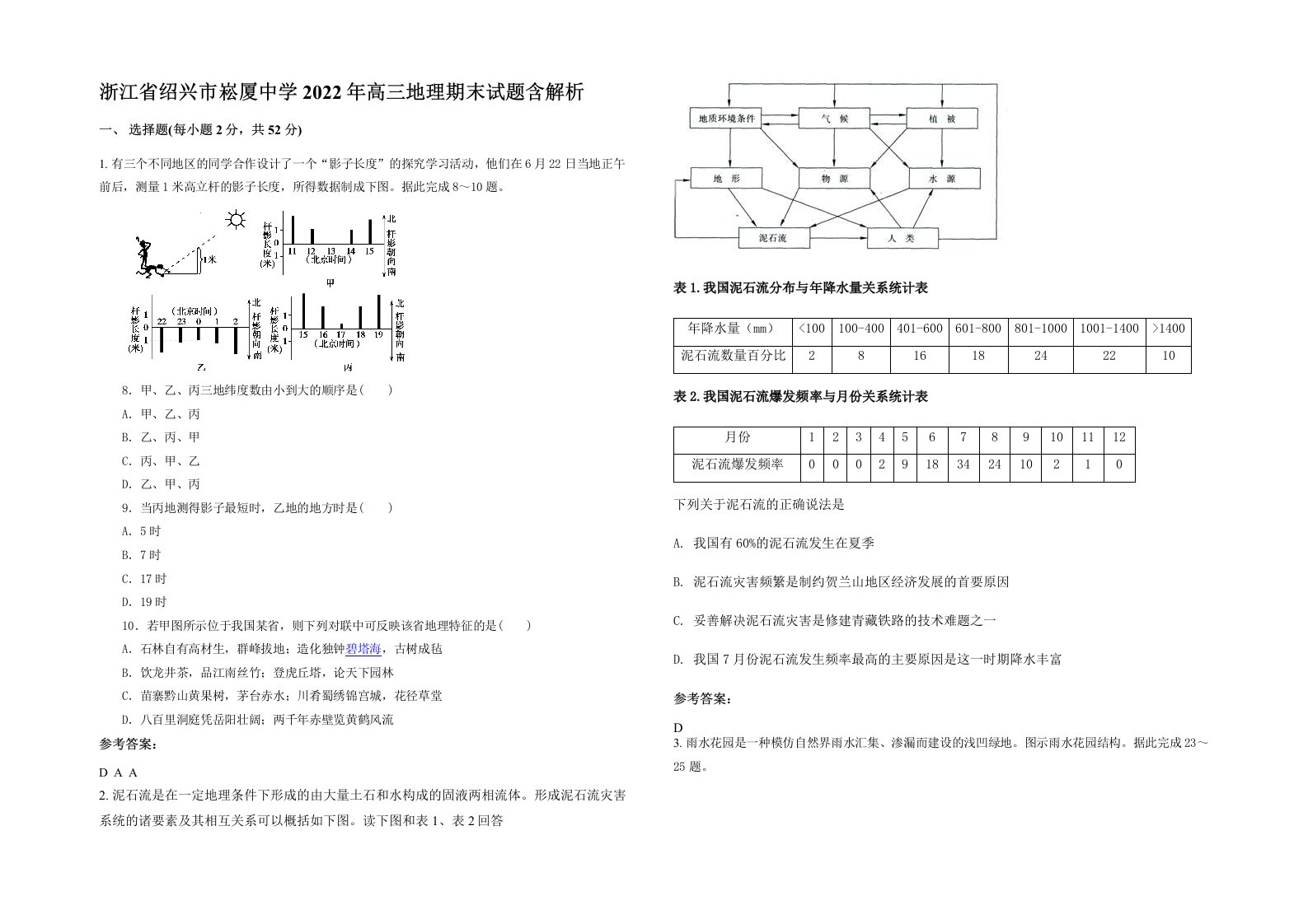 浙江省绍兴市崧厦中学2022年高三地理期末试题含解析