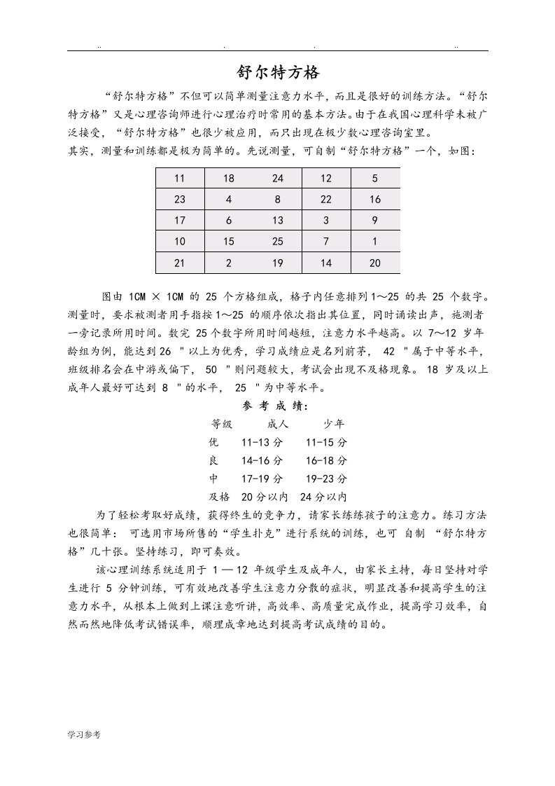 儿童注意力训练之舒尔特方格