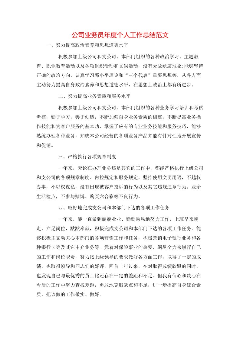 公司业务员年度个人工作总结范文