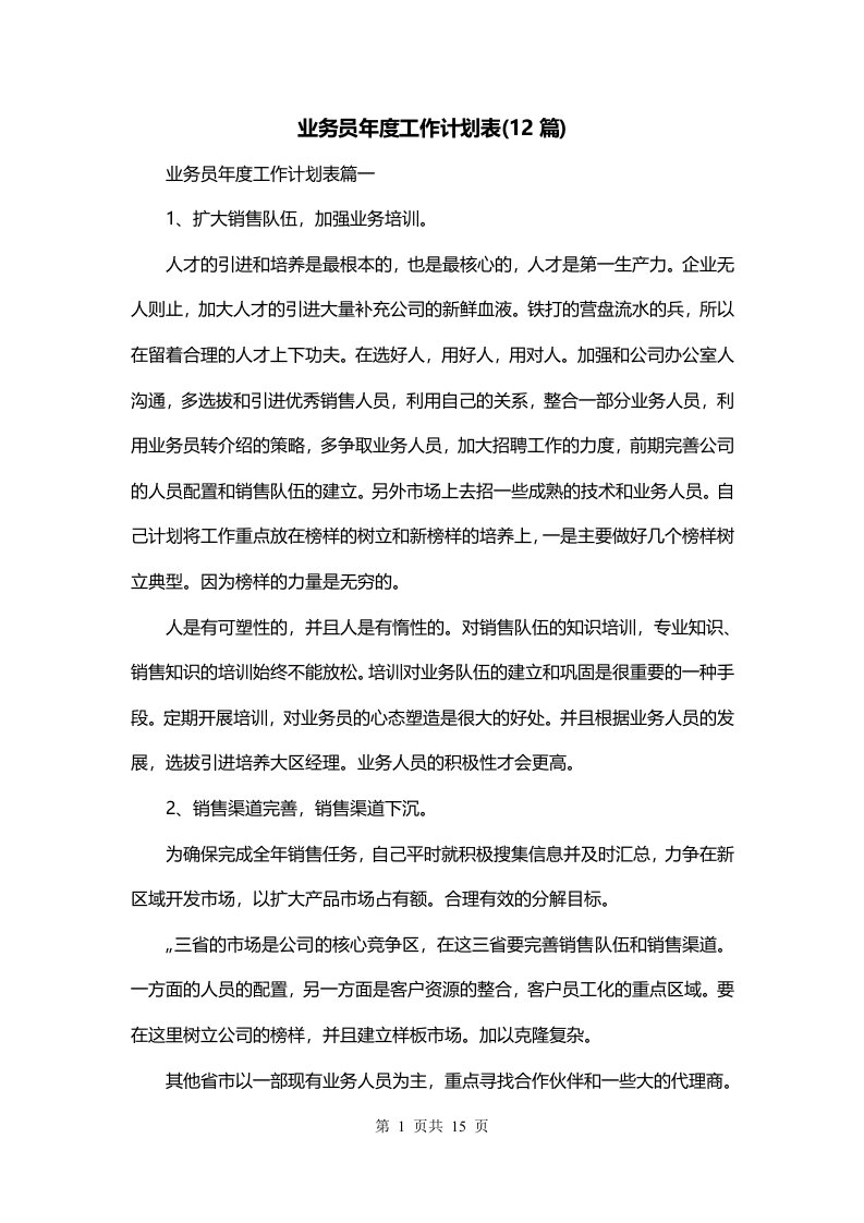 业务员年度工作计划表12篇