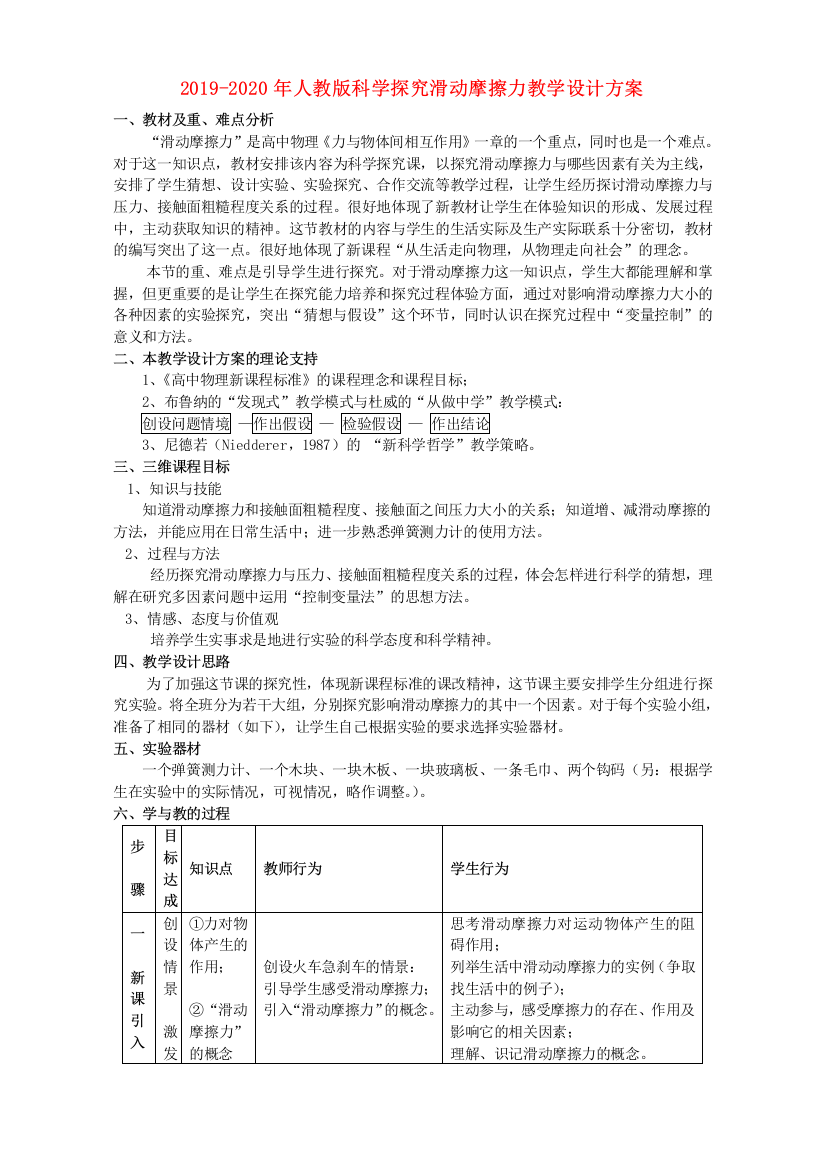 2019-2020年人教版科学探究滑动摩擦力教学设计方案