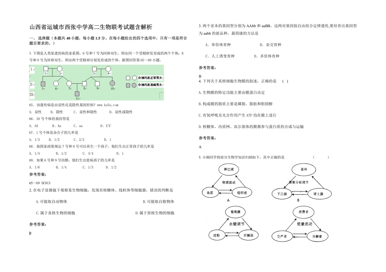 山西省运城市西张中学高二生物联考试题含解析