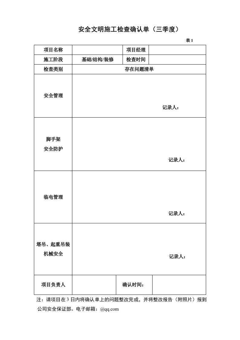 施工现场安全文明施工检查情况确认单