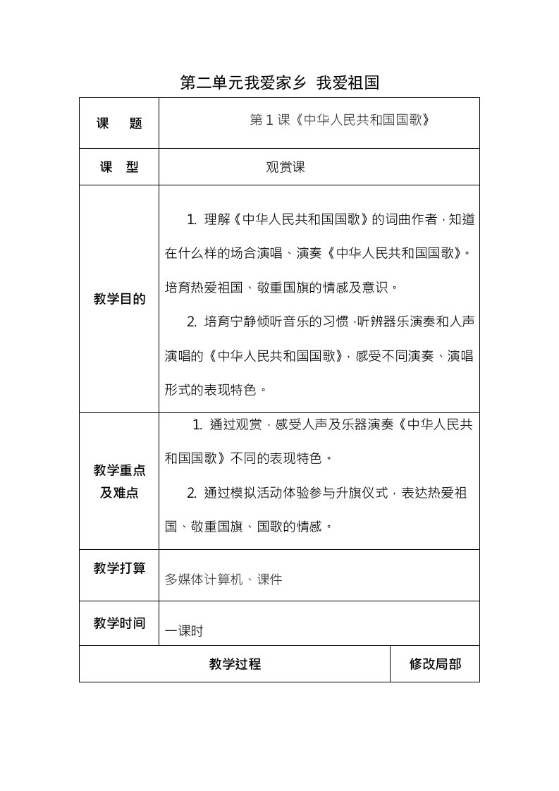 新人教版小学一年级音乐上册第二单元教案