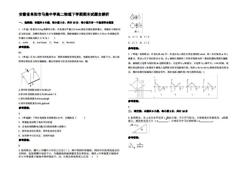 安徽省阜阳市马集中学高二物理下学期期末试题带解析