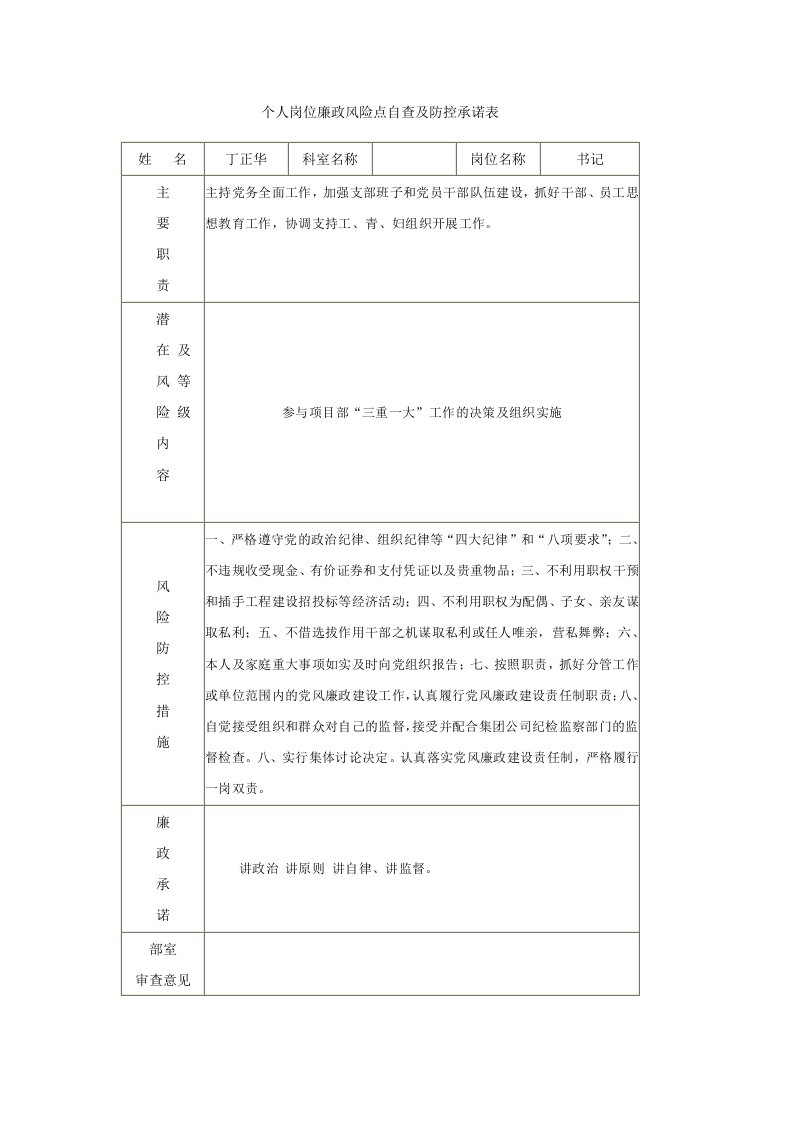 个人岗位廉政风险点自查及防控承诺表