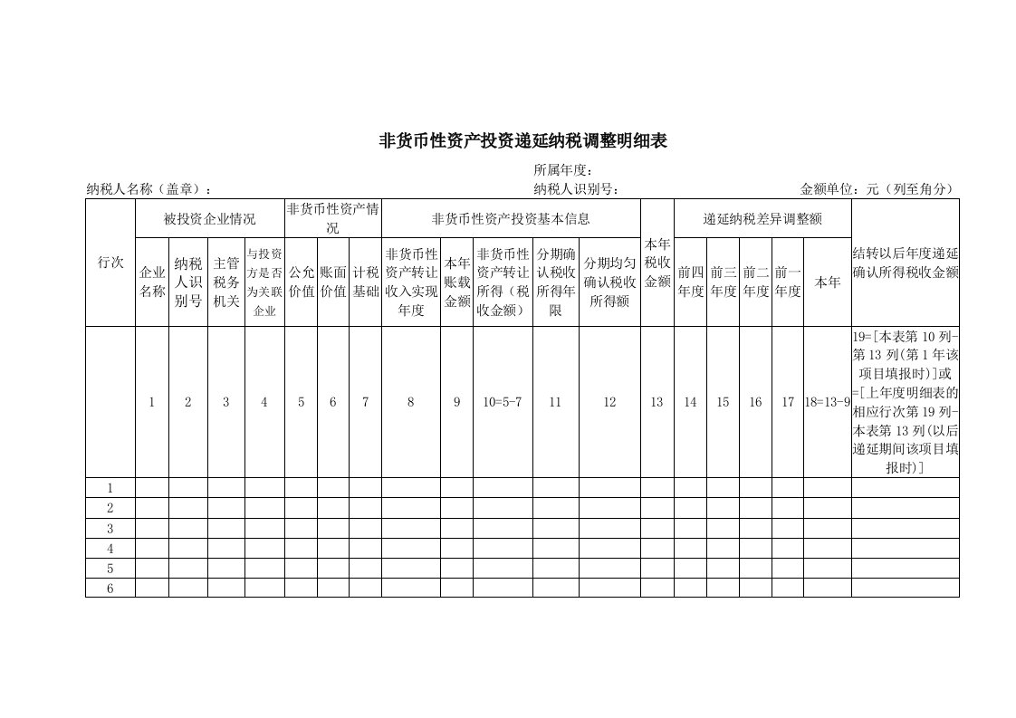 非货币性资产投资递延纳税调整明细表