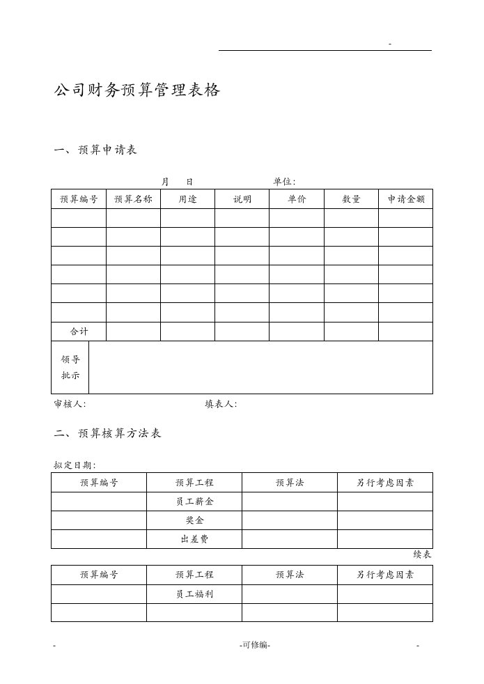 公司财务预算管理表格