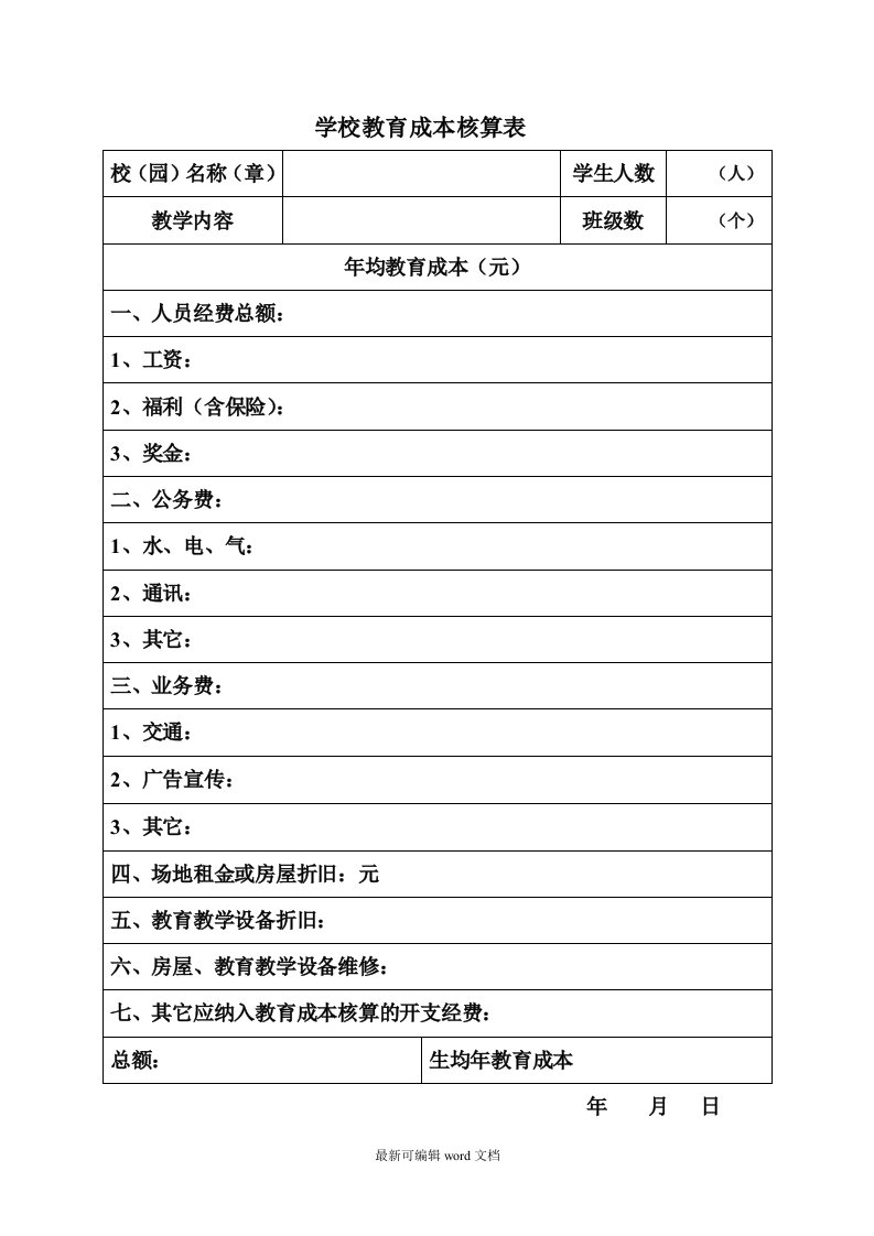 民办学校教育成本核算表