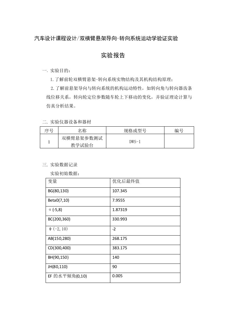 汽车设计课程设计实验报告参考样本