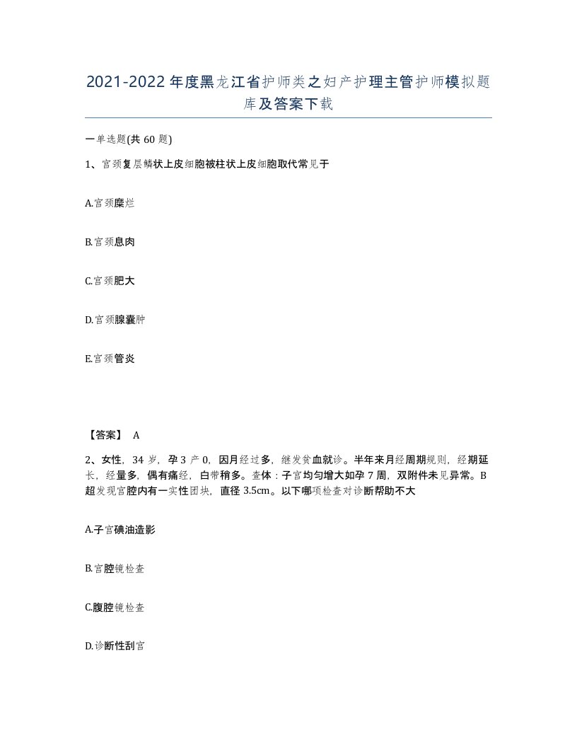 2021-2022年度黑龙江省护师类之妇产护理主管护师模拟题库及答案