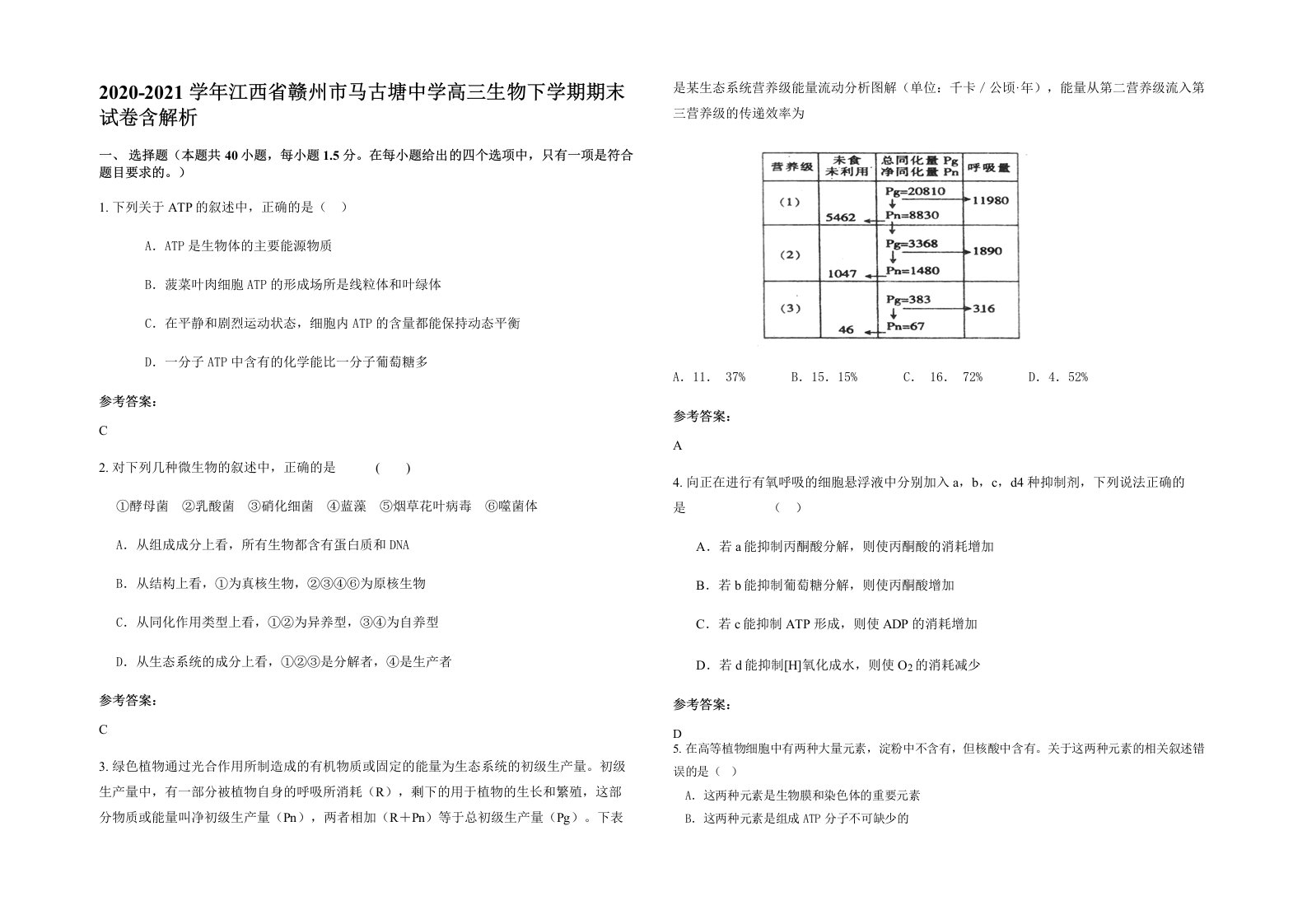 2020-2021学年江西省赣州市马古塘中学高三生物下学期期末试卷含解析