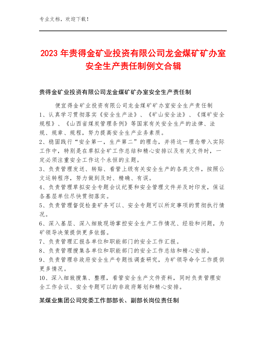 2023年贵得金矿业投资有限公司龙金煤矿矿办室安全生产责任制例文合辑