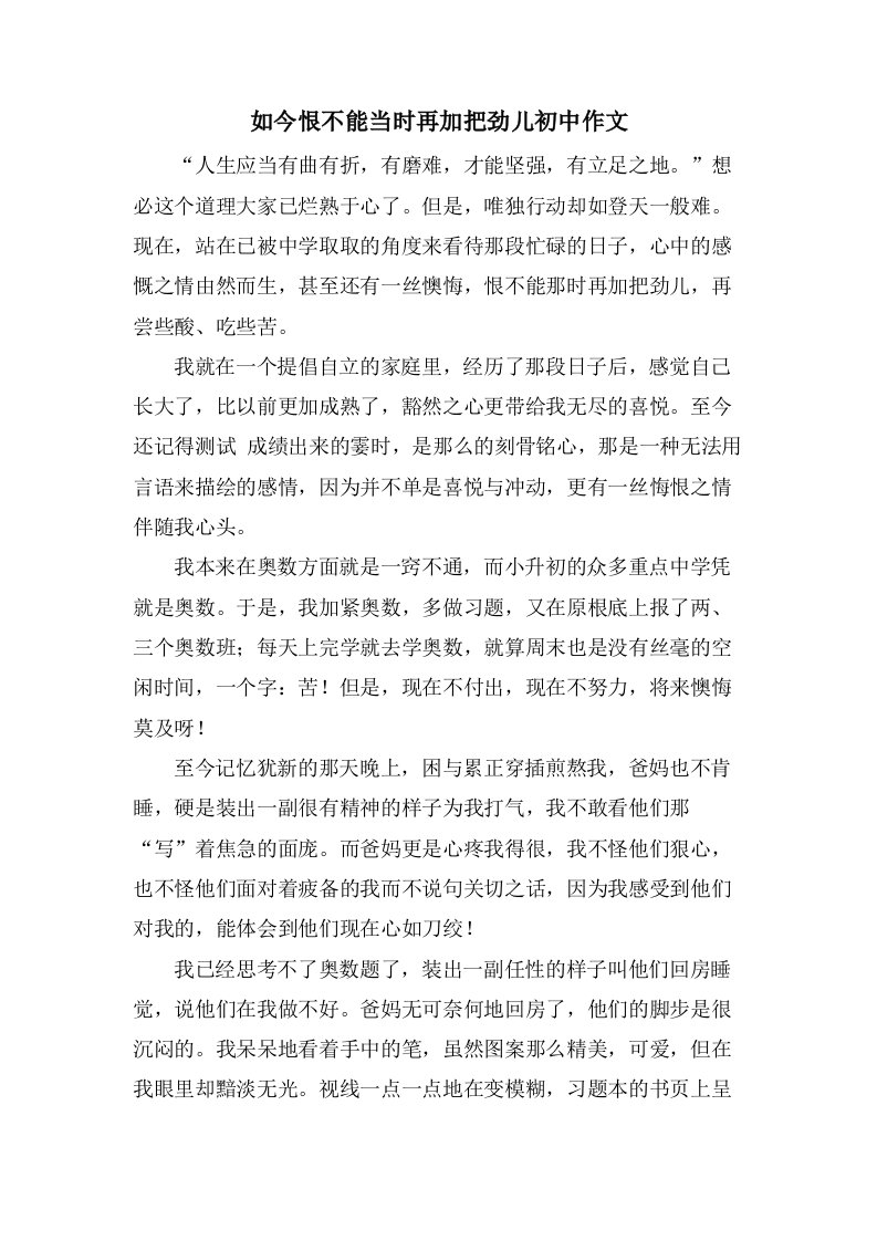 如今恨不能当时再加把劲儿初中作文