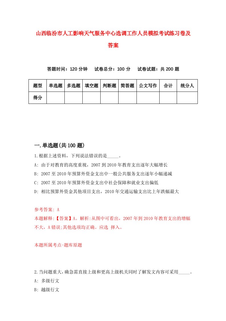 山西临汾市人工影响天气服务中心选调工作人员模拟考试练习卷及答案5