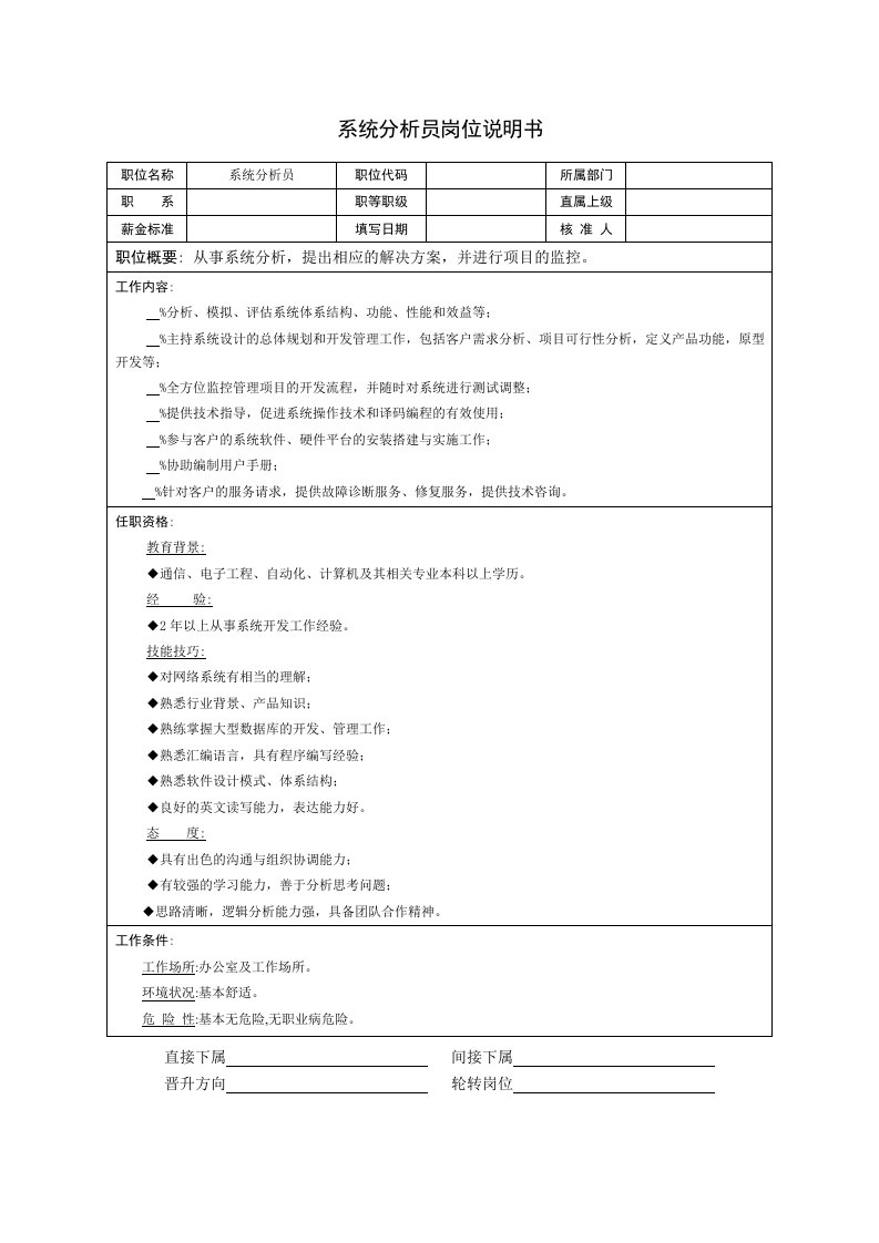 岗位分析-技术部系统分析员岗位说明书