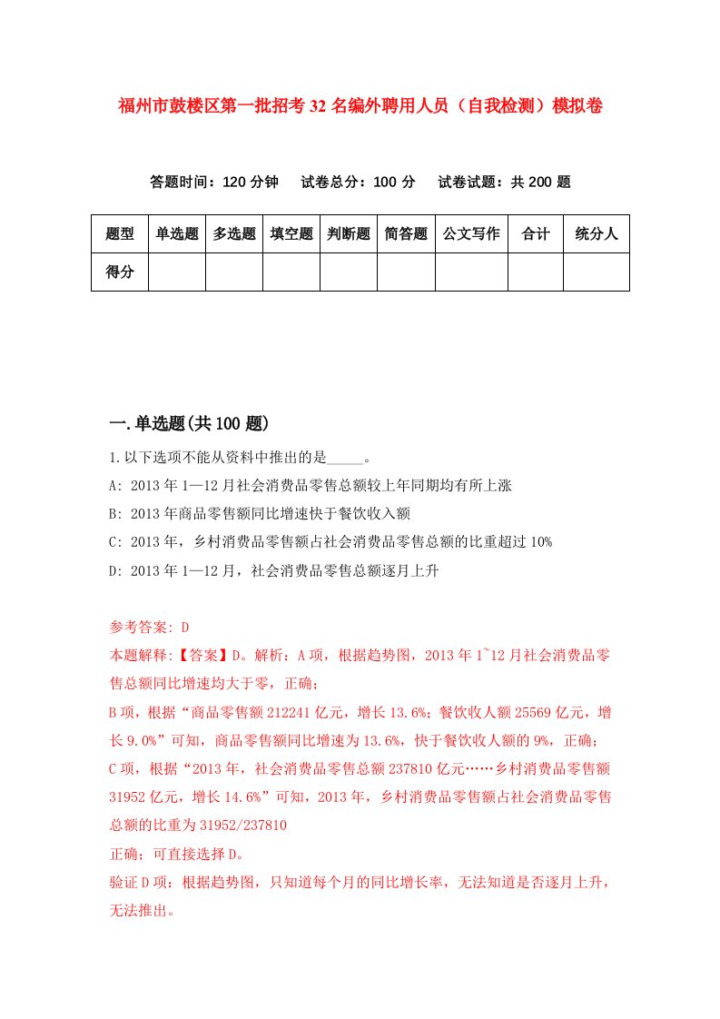 福州市鼓楼区第一批招考32名编外聘用人员自我检测模拟卷第9套