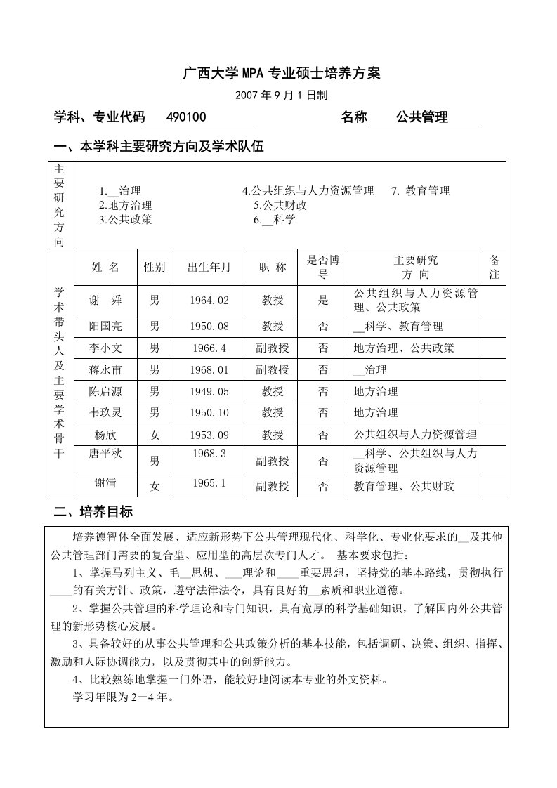 广西大学MPA专业硕士培养方案