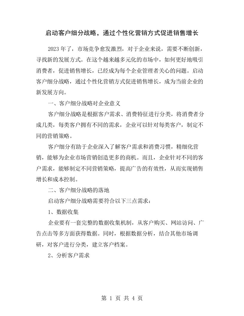 启动客户细分战略，通过个性化营销方式促进销售增长