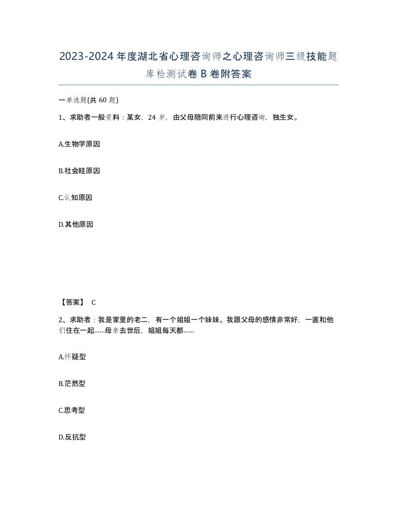 2023-2024年度湖北省心理咨询师之心理咨询师三级技能题库检测试卷B卷附答案