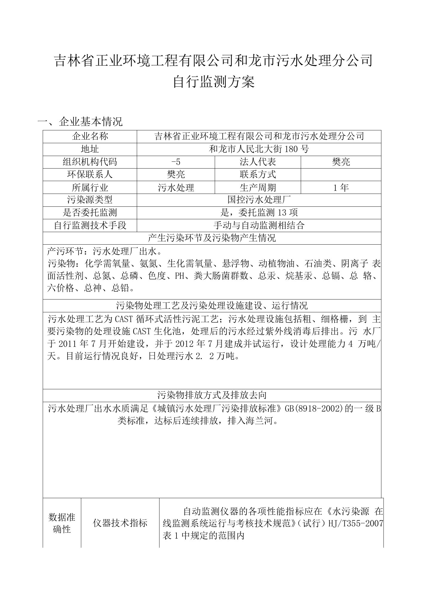 吉林省正业环境工程有限公司和龙市污水处理分公司自行监测方案