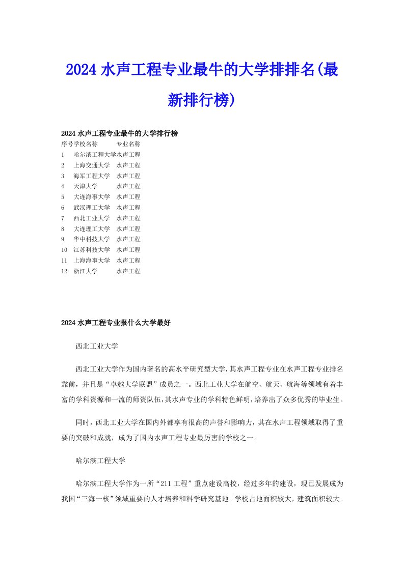 2024水声工程专业最牛的大学排排名(最新排行榜)