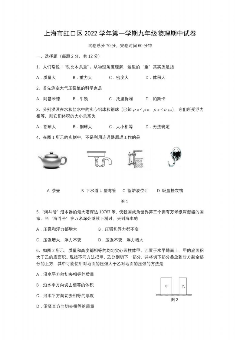 上海市虹口区2022-2023学年上学期九年级物理期中试卷（含答案）