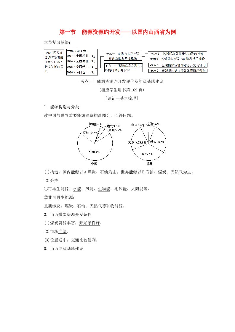 高考地理一轮复习第14章区域自然资源综合开发利用第1节能源资源的开发——以我国山西省为例学案新人教版