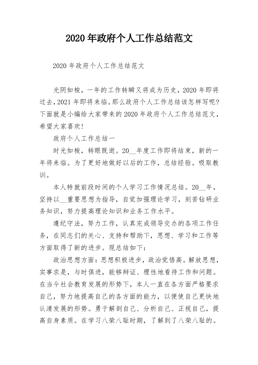 2020年政府个人工作总结范文