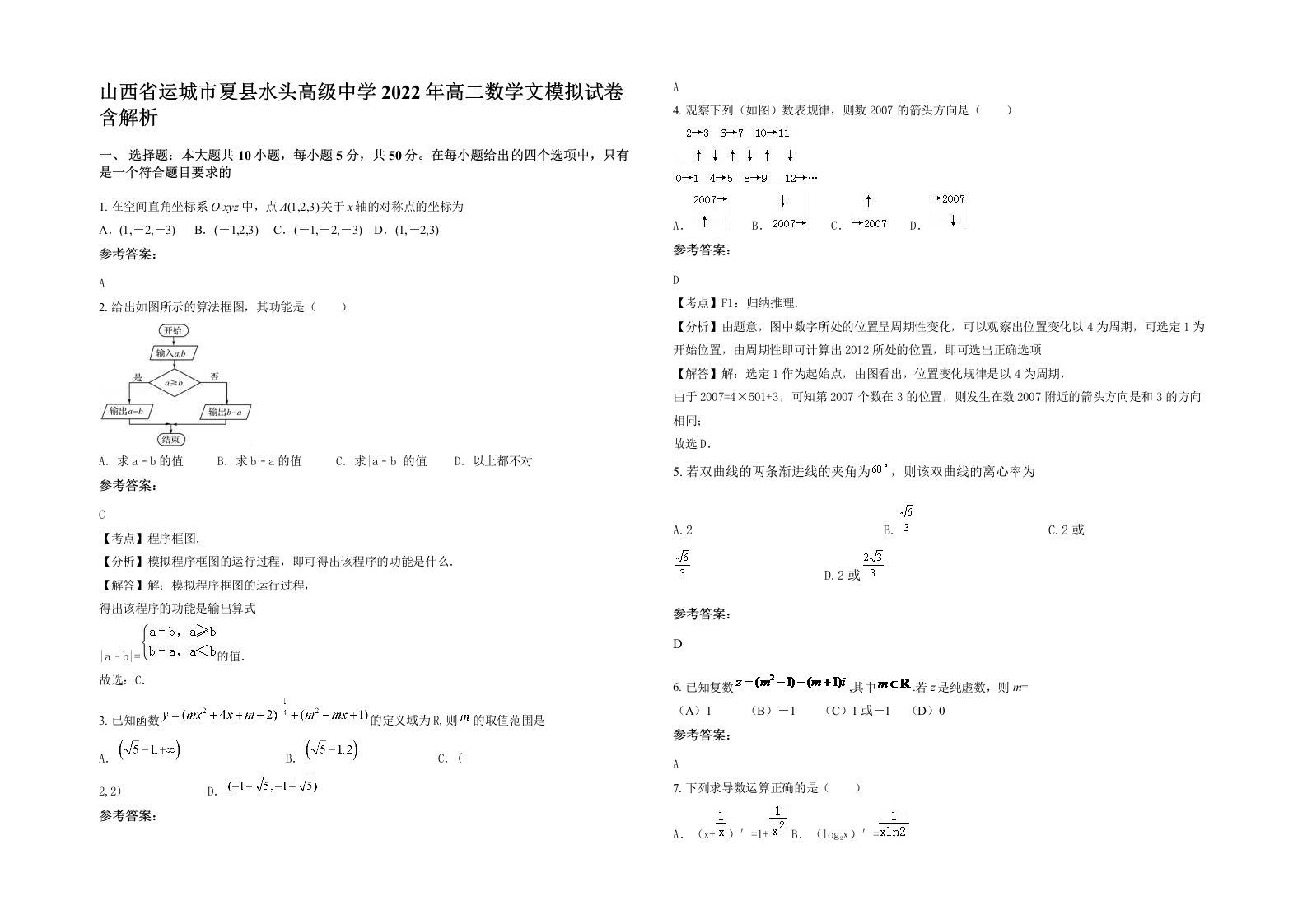 山西省运城市夏县水头高级中学2022年高二数学文模拟试卷含解析