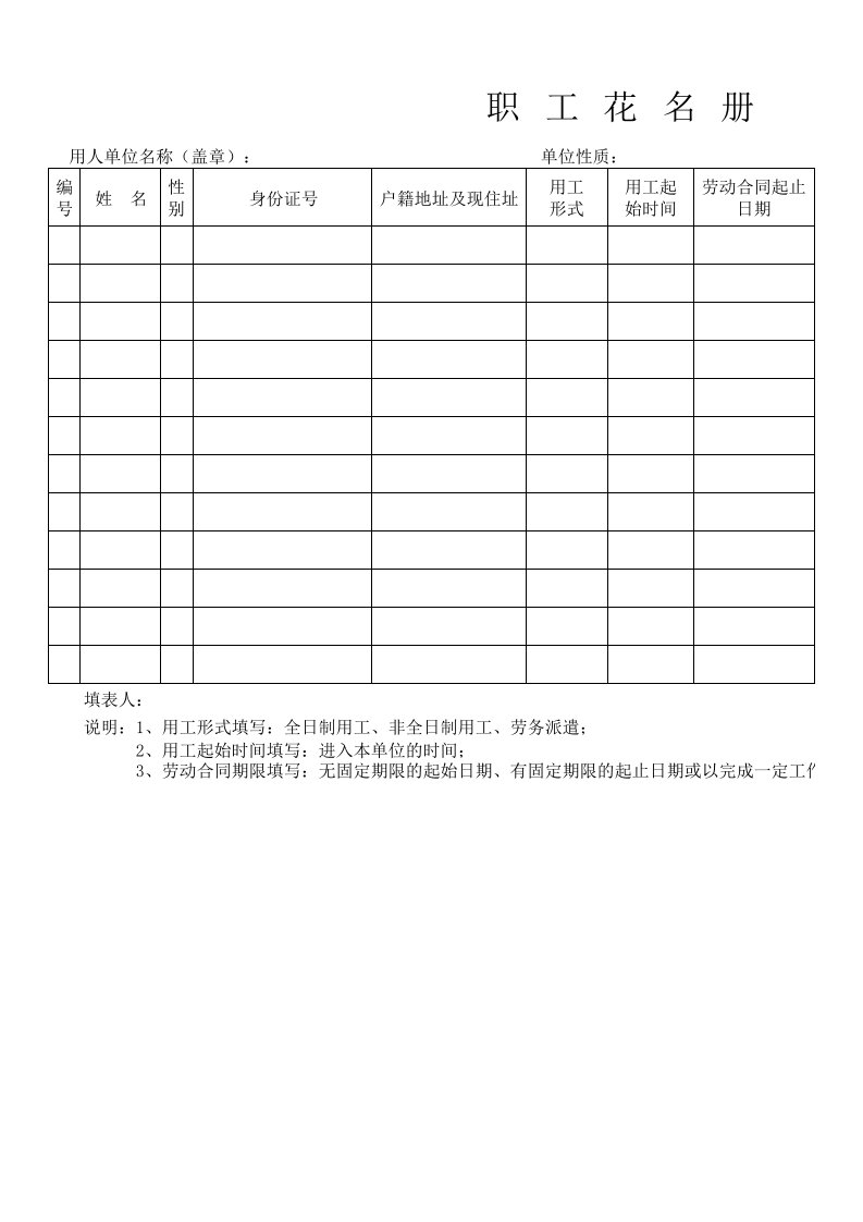 职工花名册(用工登记)