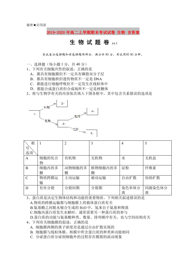 2019-2020年高二上学期期末考试试卷