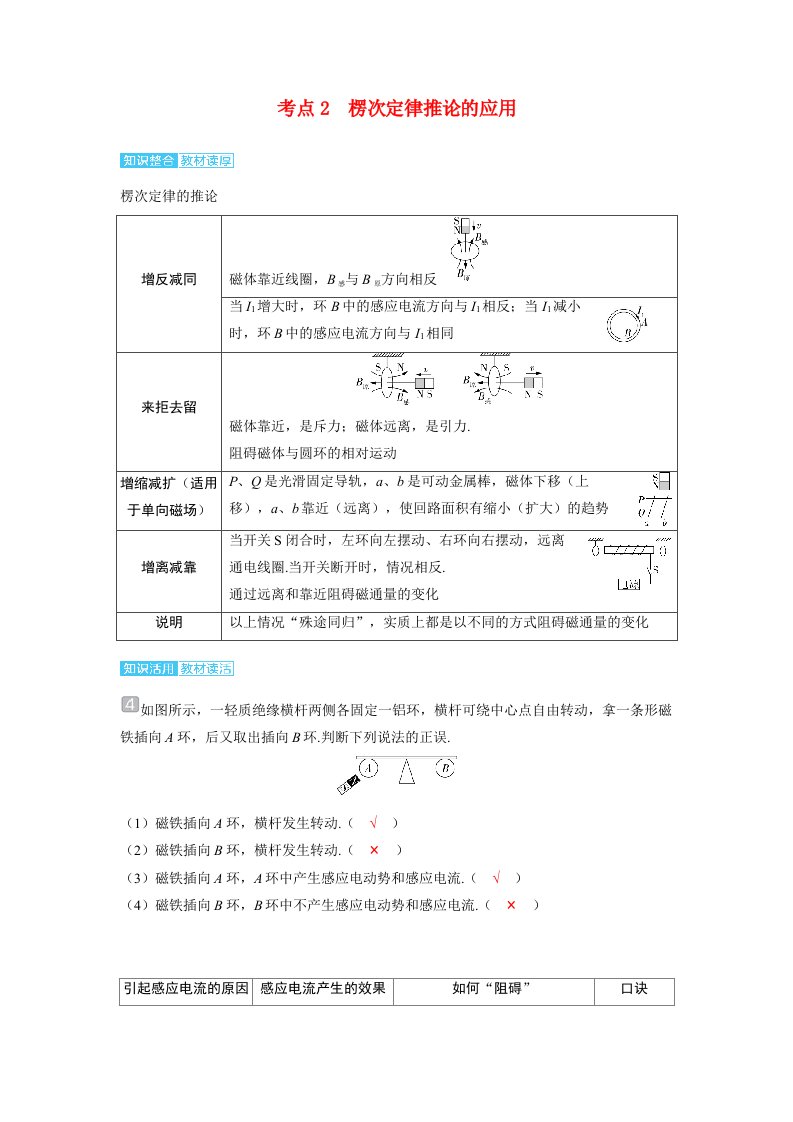 备考2024届高考物理一轮复习讲义第十二章电磁感应第1讲电磁感应现象楞次定律考点2楞次定律推论的应用