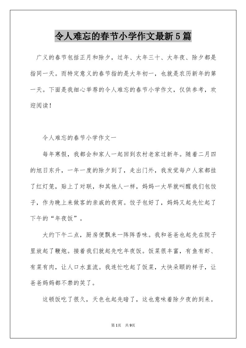 令人难忘的春节小学作文最新5篇