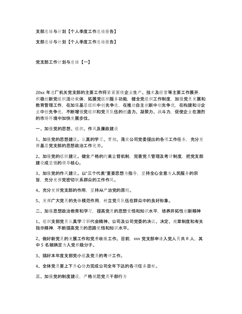 支部总结与计划【个人季度工作总结报告】