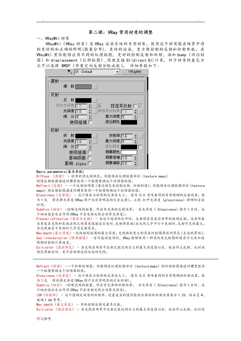 VR解释说明与各种材质参数