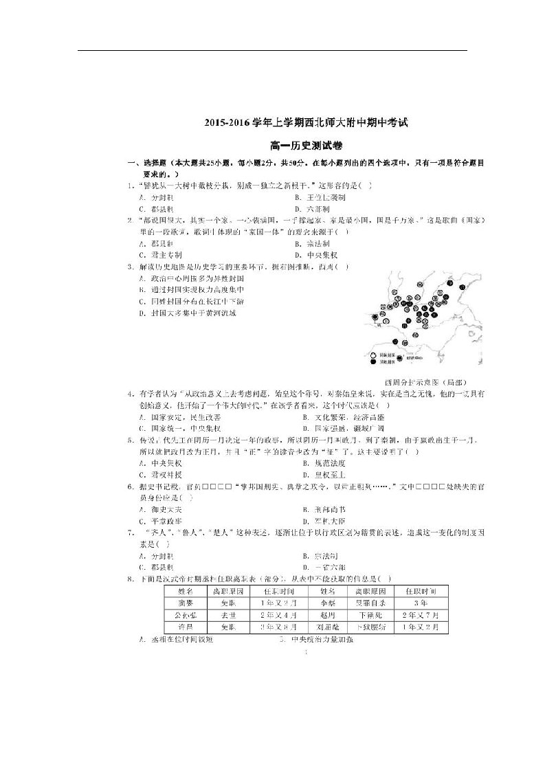 陕西省西安市西北工业大学附属中学高一历史上学期期中试题（扫描版）