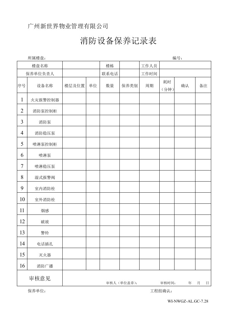 物业管理公司消防设备保养记录表WI-NWGZ-ALG