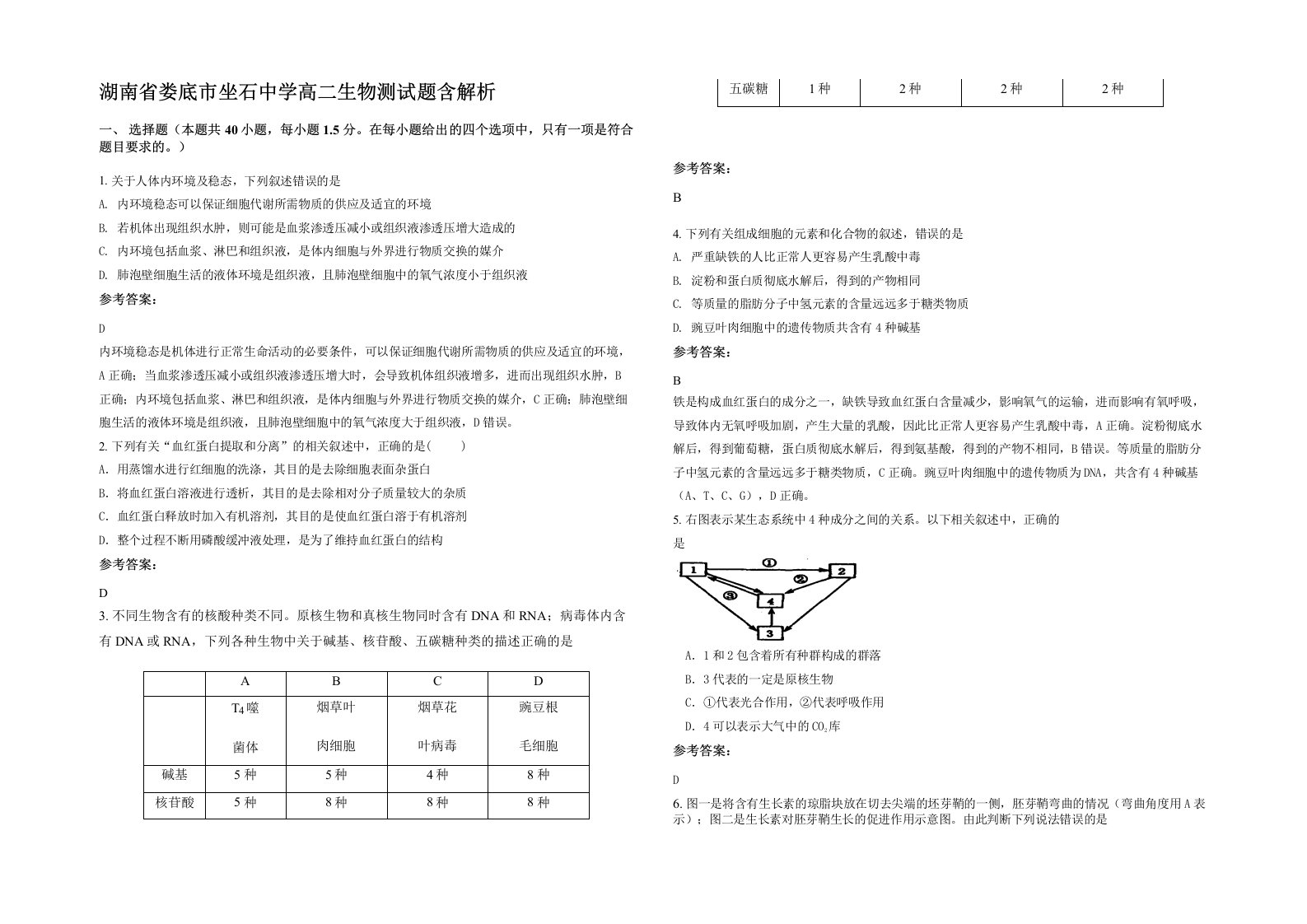 湖南省娄底市坐石中学高二生物测试题含解析