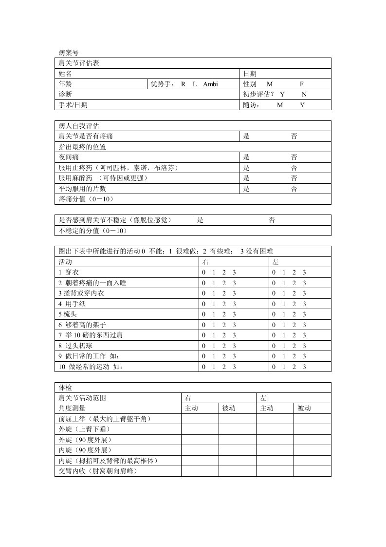 肩关节评估表