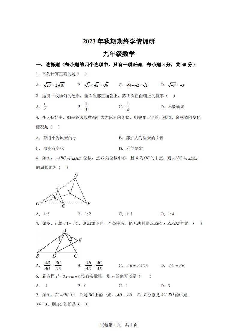 河南省南阳市桐柏县2023-2024学年九年级上学期期末数学试题[答案]