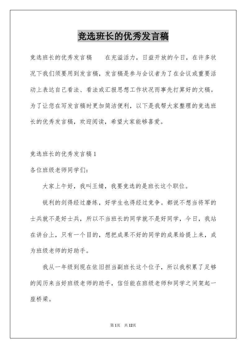 竞选班长的优秀发言稿例文